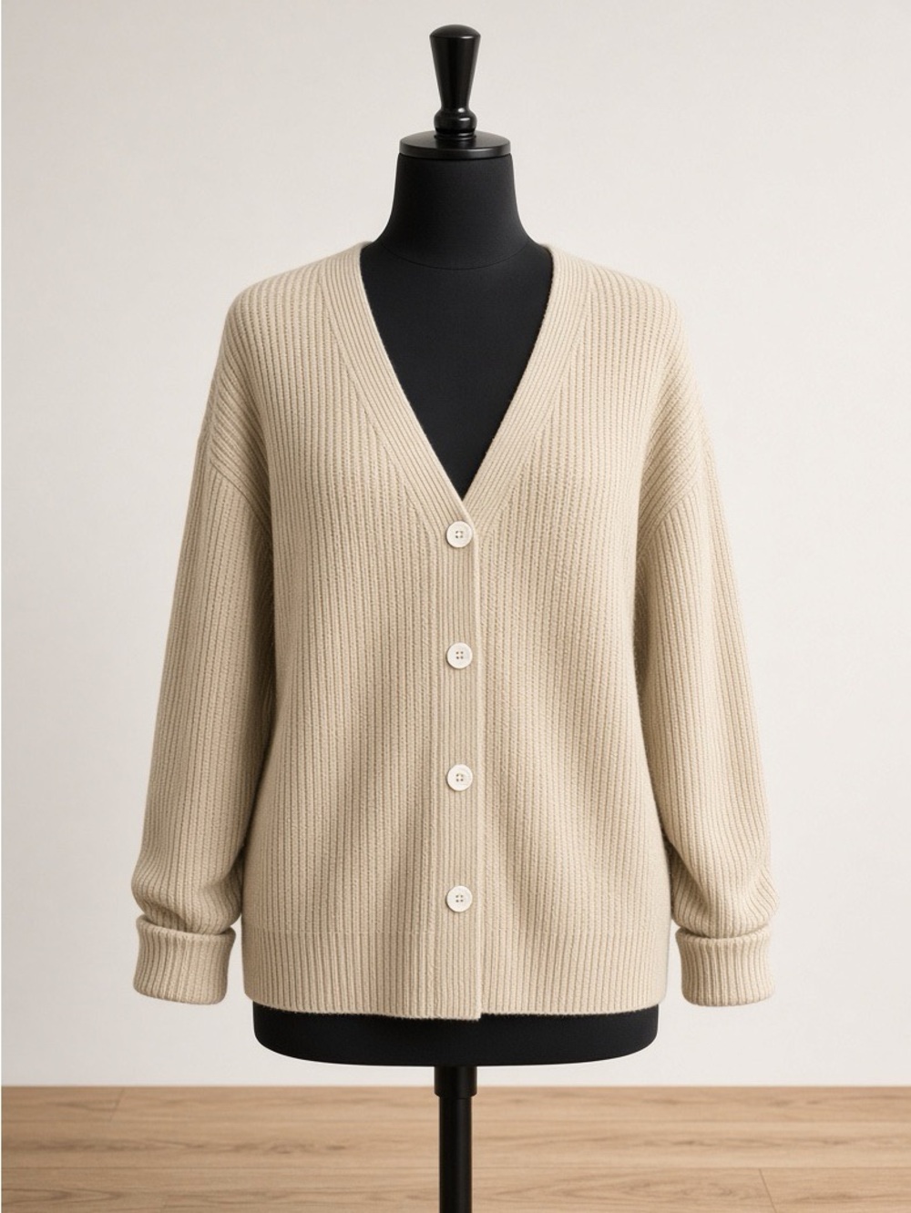 MEROKEETY Size M Beige Ribbed Oversized V-Neck Button Cardigan